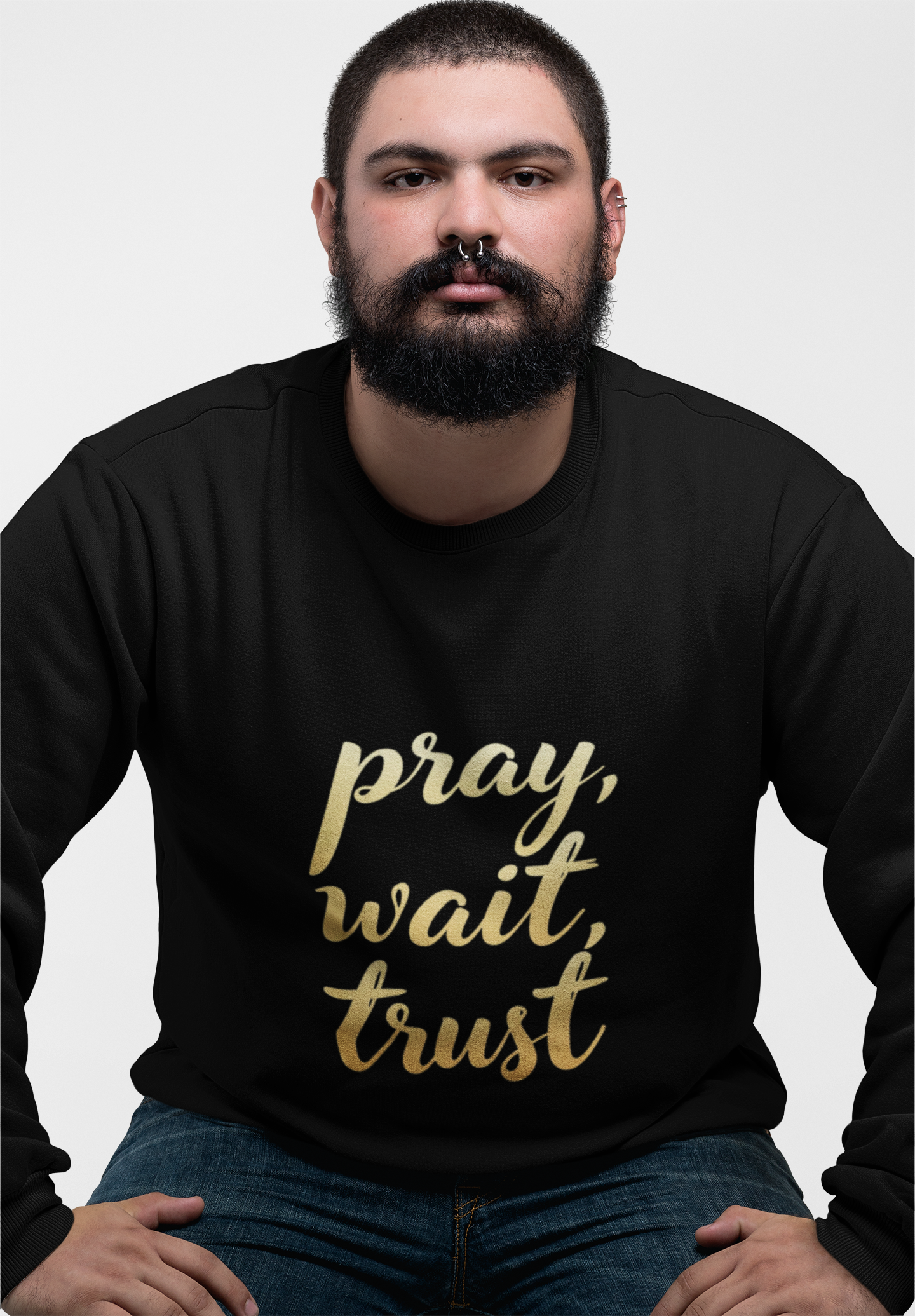 Inspirational Crewneck Sweatshirt - "Pray, Wait, Trust"