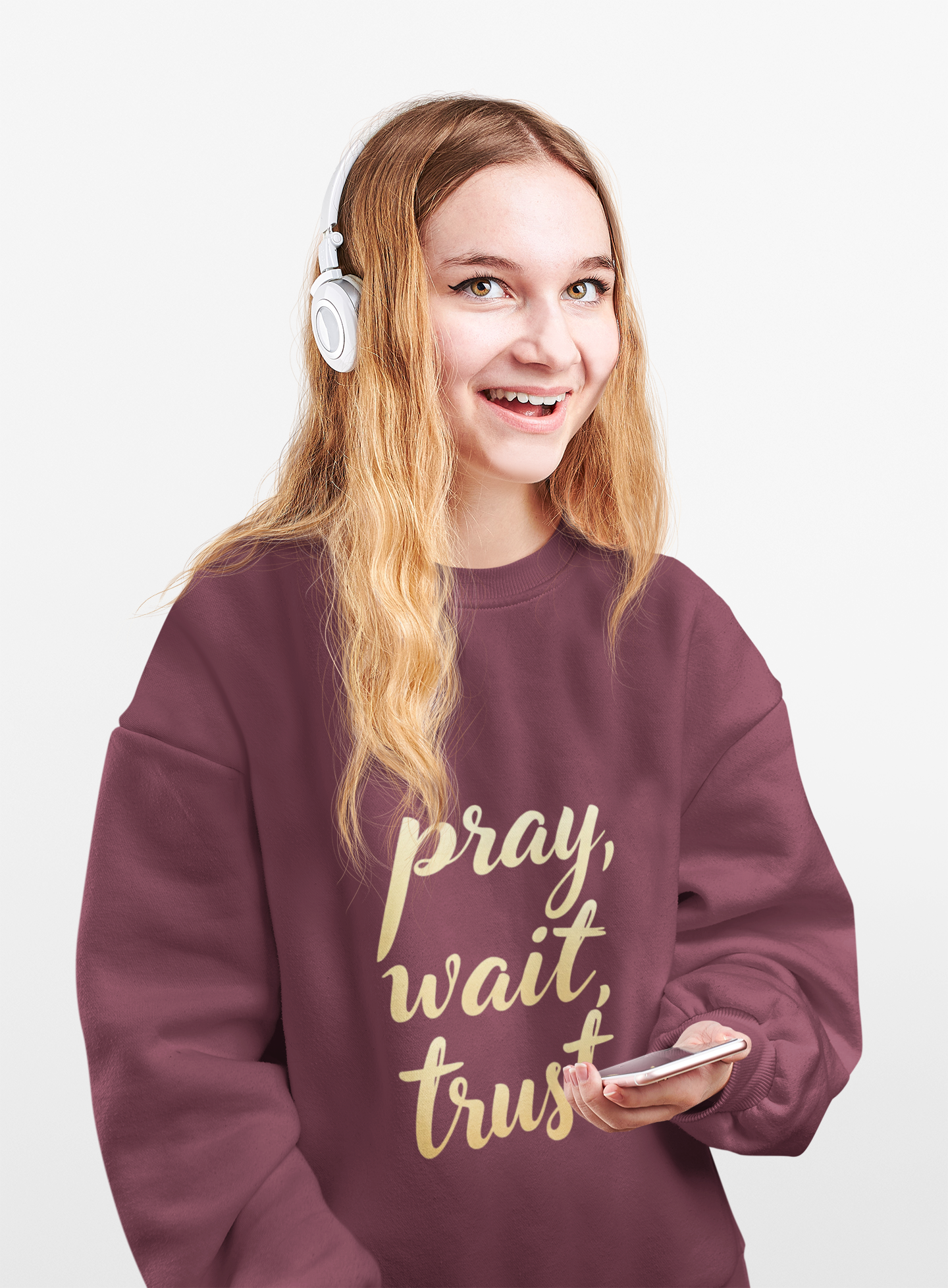 Inspirational Crewneck Sweatshirt - "Pray, Wait, Trust"