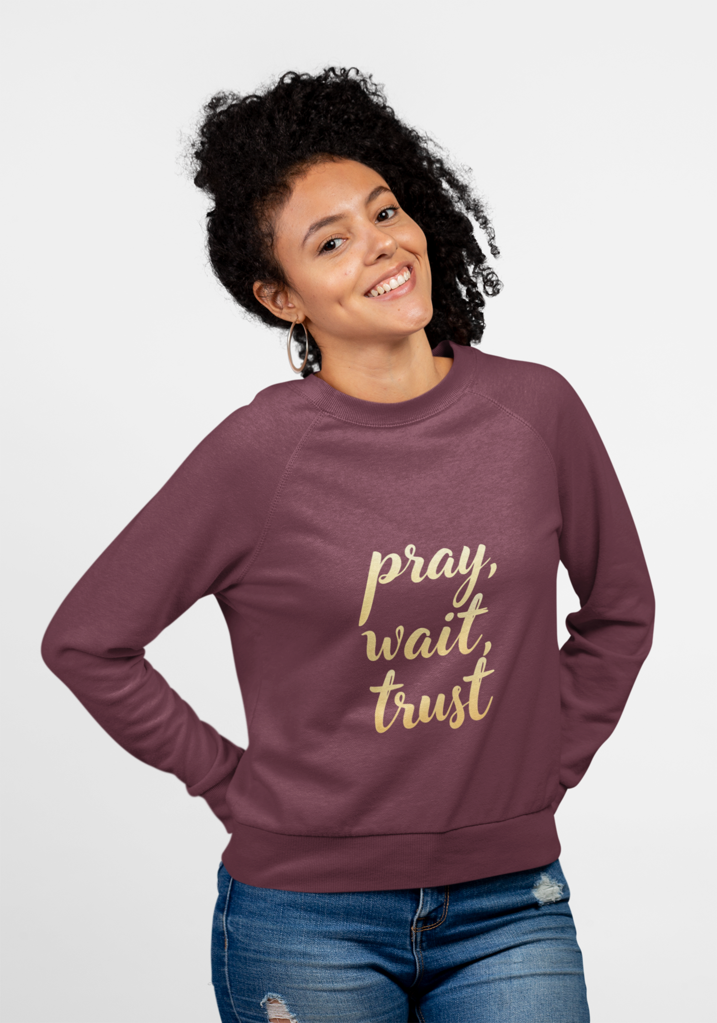 Inspirational Crewneck Sweatshirt - "Pray, Wait, Trust"