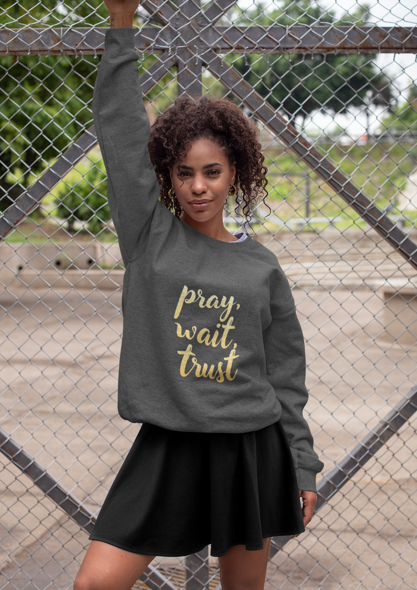 Inspirational Crewneck Sweatshirt - "Pray, Wait, Trust"