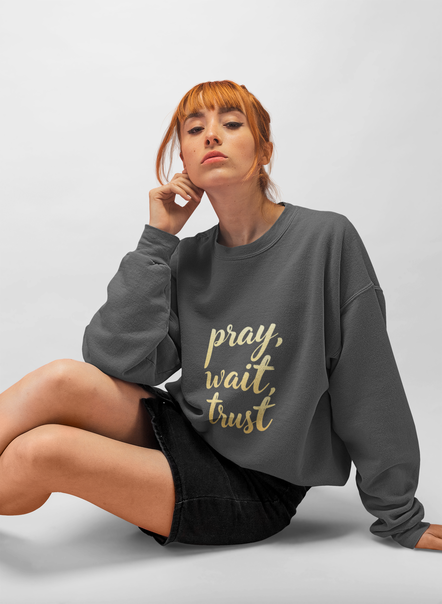 Inspirational Crewneck Sweatshirt - "Pray, Wait, Trust"