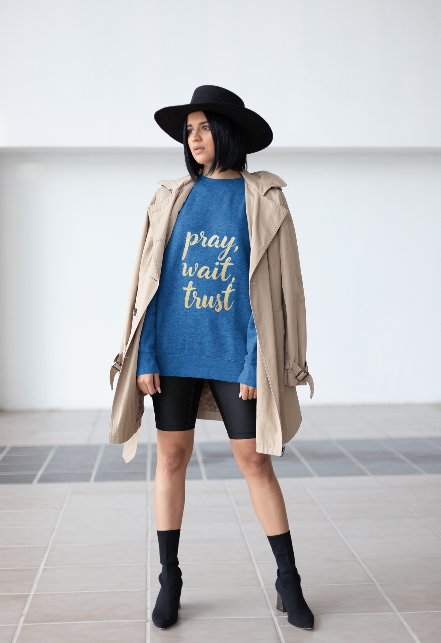 Inspirational Crewneck Sweatshirt - "Pray, Wait, Trust"