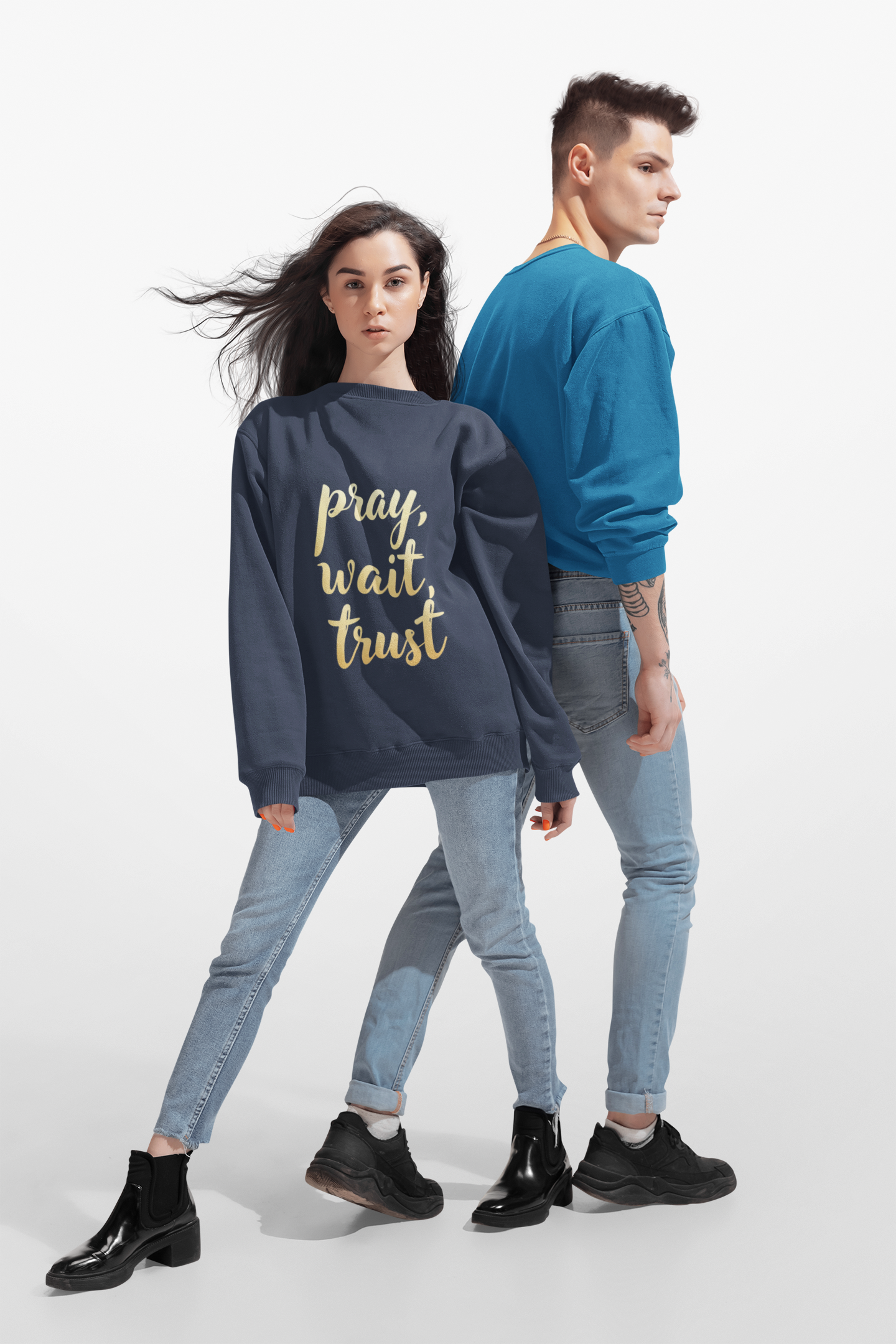 Inspirational Crewneck Sweatshirt - "Pray, Wait, Trust"