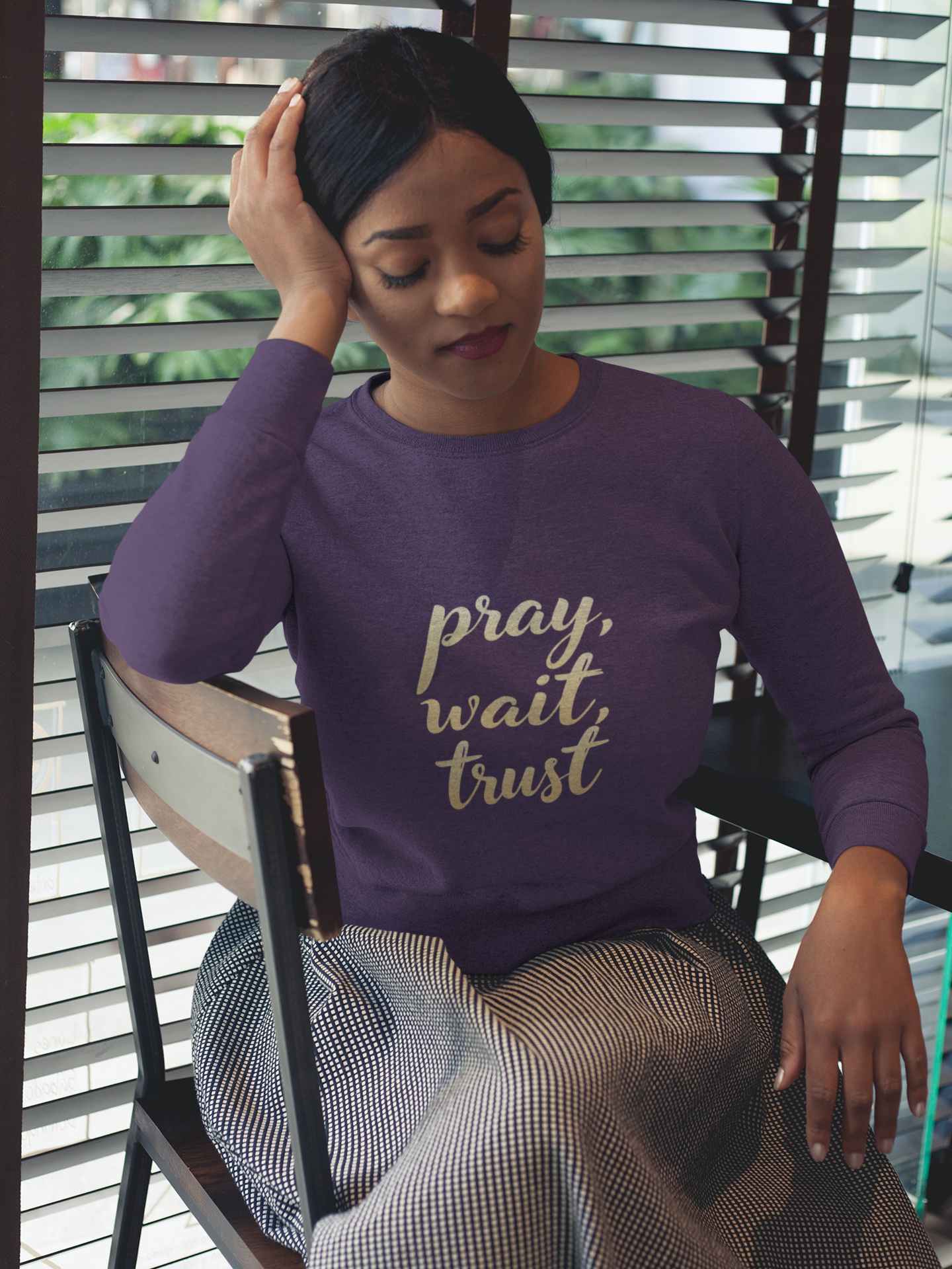 Inspirational Crewneck Sweatshirt - "Pray, Wait, Trust"