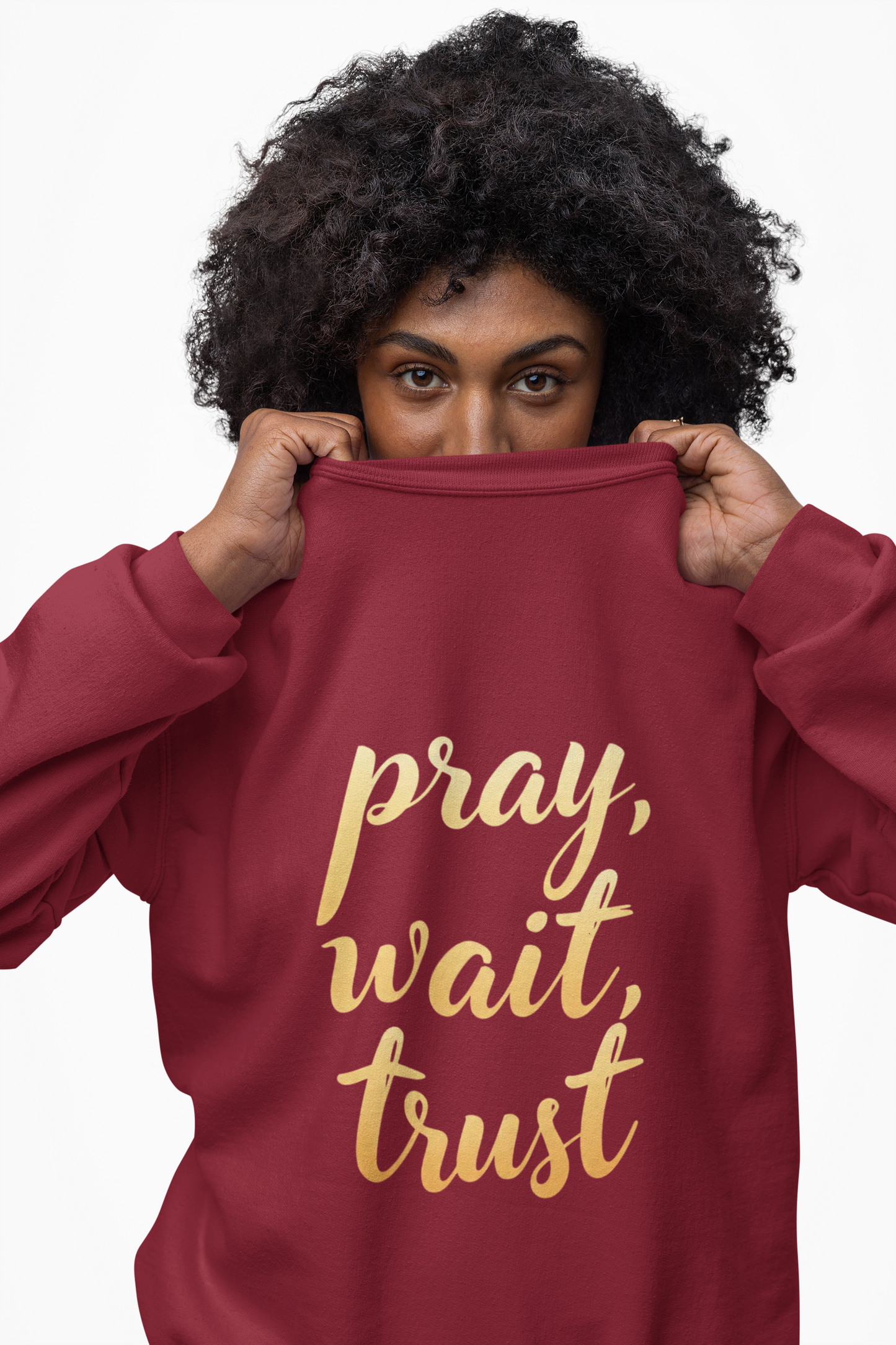 Inspirational Crewneck Sweatshirt - "Pray, Wait, Trust"