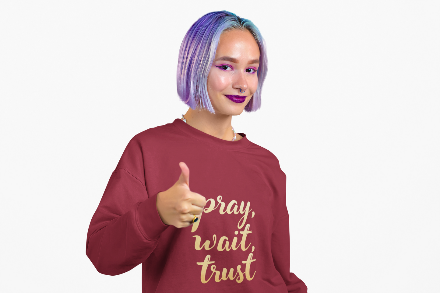 Inspirational Crewneck Sweatshirt - "Pray, Wait, Trust"